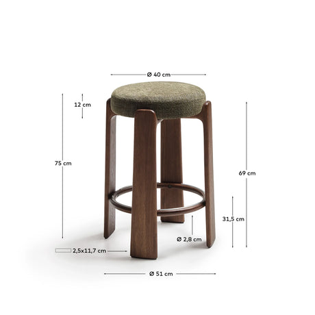 Hocker Granite aus grüner Chenille und massivem Eschenholz mit nussbaumfarbenem Finish, FSC 100%, 75 cm – Bild 3