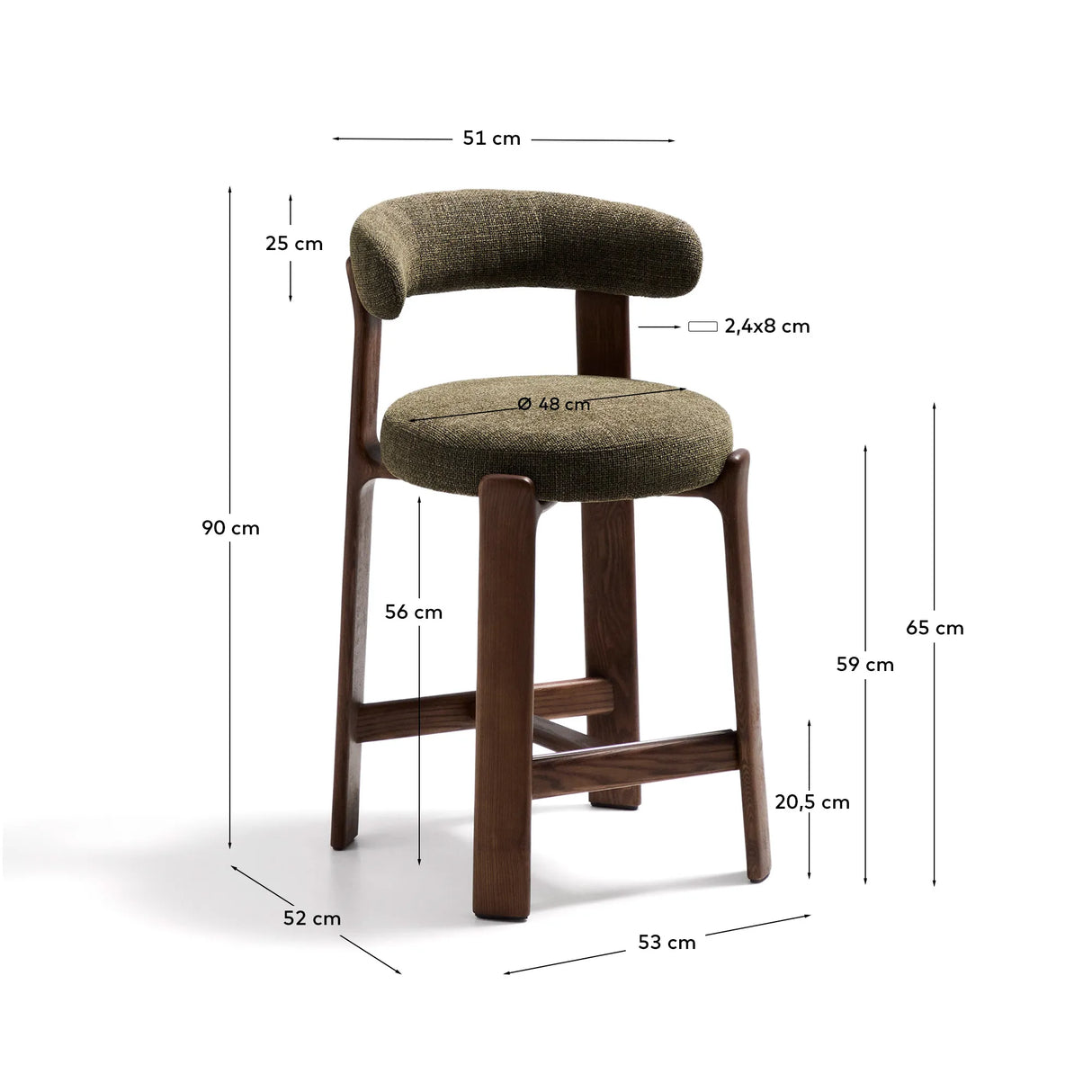 Hocker Granite aus grüner Chenille und massivem Eschenholz mit walnussholzfarbenem Finish, FSC 100%, 65 cm – Bild 4