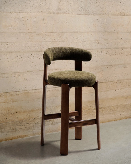 Hocker Granite aus grüner Chenille und massivem Eschenholz mit walnussholzfarbenem Finish, FSC 100%, 75 cm – Bild 2