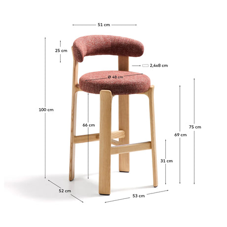 Hocker Granite aus terrakottafarbener Chenille und massivem Eschenholz mit naturfarbenem Finish, FSC 100%, 75 cm – Bild 4