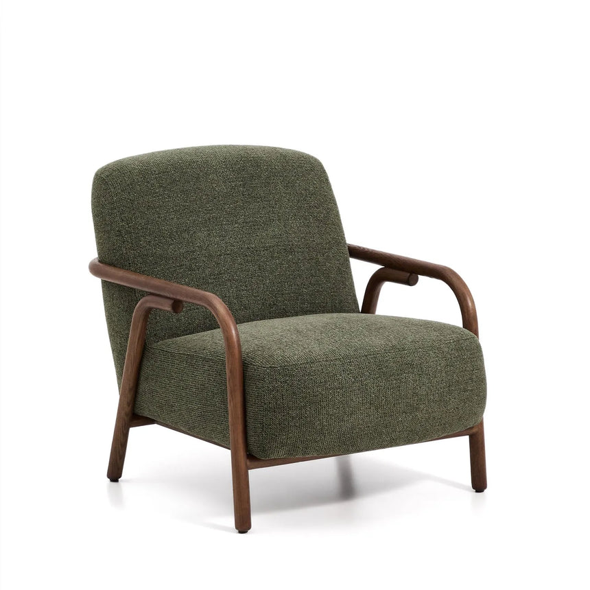 Sessel Sylo aus dunkelgrüner Chenille und massivem Eschenholz mit nussbaumfarbenem Finish, FSC 100 % – Bild 1