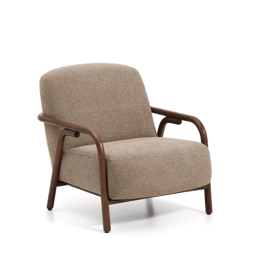 Sessel Sylo aus taupefarbener Chenille und massivem Eschenholz mit nussbaumfarbenem Finish, FSC 100 % – Bild 1