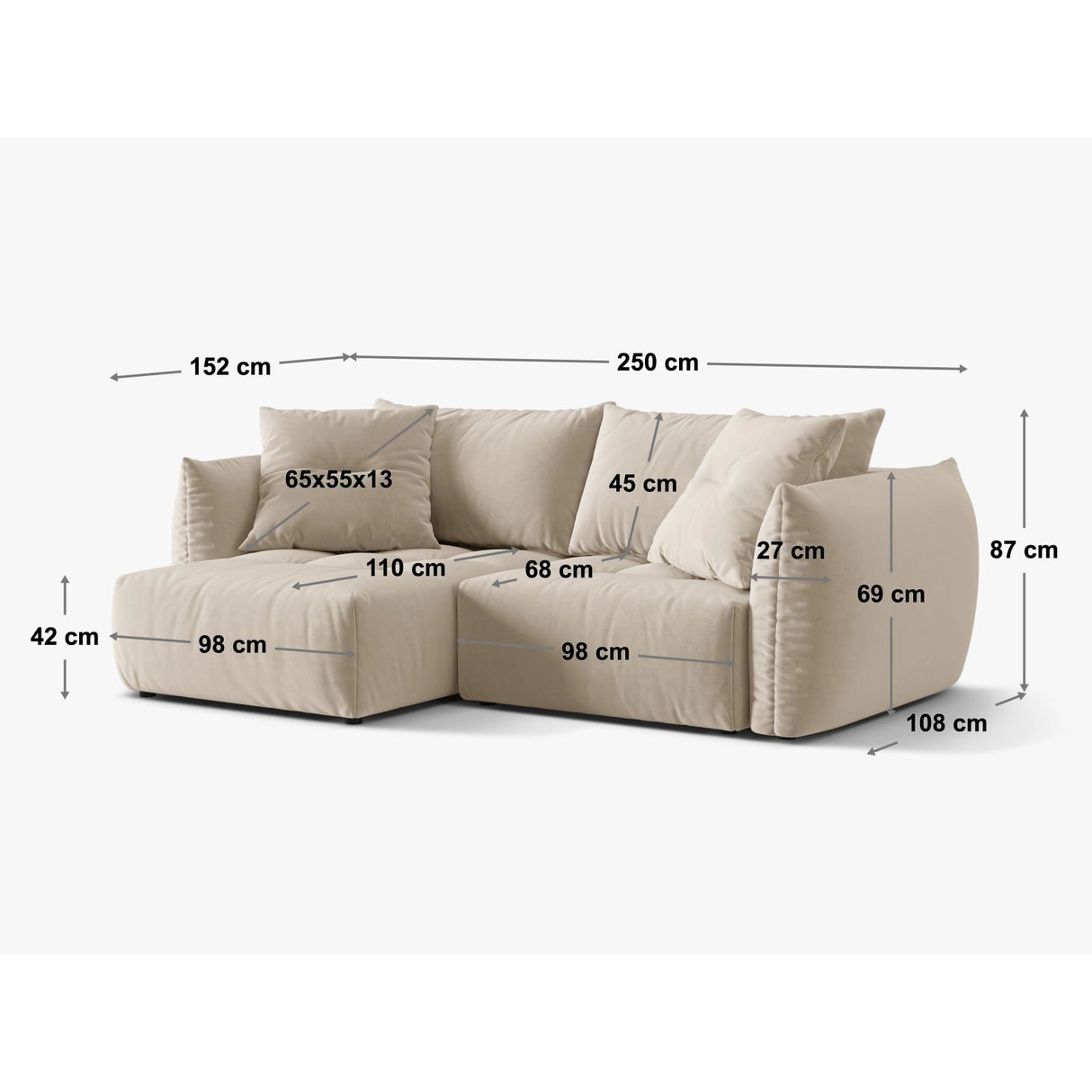 Bloom Modulares 3-Sitzer Ecksofa mit Schlaffunktion und Bettkasten, Linke Seite, aus Samt in Dunkelgrau (Casino Graphite), 250x152 cm von Micadoni – Bild 2