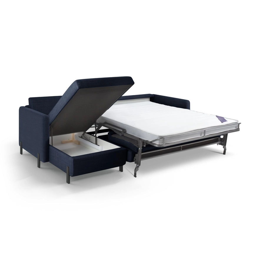 Gloria 4-Sitzer Ecksofa mit Schlaffunktion und Bettkasten, Linke Seite, aus Strukturierter Stoff in Blau (Bjorn 86), 266x170 cm von Micadoni – Bild 5