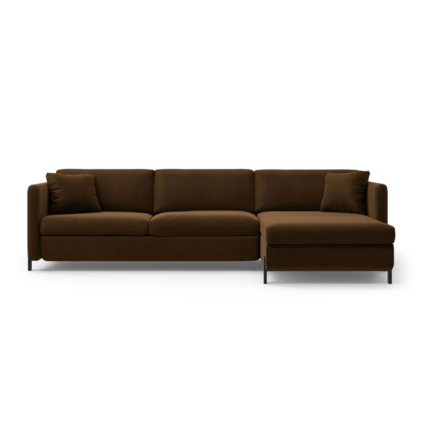 Gloria 4-Sitzer Ecksofa mit Schlaffunktion und Bettkasten, Rechte Seite, aus Samt in Chocolate (Salvador 4), 266x170 cm von Micadoni – Bild 1