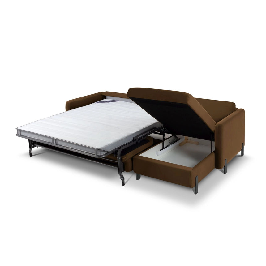 Gloria 4-Sitzer Ecksofa mit Schlaffunktion und Bettkasten, Rechte Seite, aus Samt in Chocolate (Salvador 4), 266x170 cm von Micadoni – Bild 5