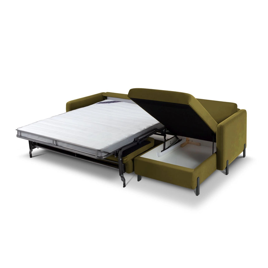 Gloria 4-Sitzer Ecksofa mit Schlaffunktion und Bettkasten, Rechte Seite, aus Samt in Grün (Salvador 8), 266x170 cm von Micadoni – Bild 5