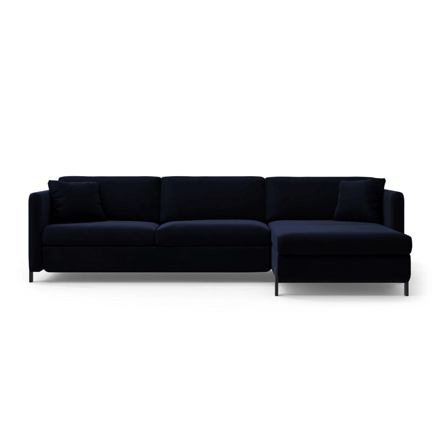 Gloria 4-Sitzer Ecksofa mit Schlaffunktion und Bettkasten, Rechte Seite, aus Samt in Königsblau (Salvador 5), 266x170 cm von Micadoni – Bild 1