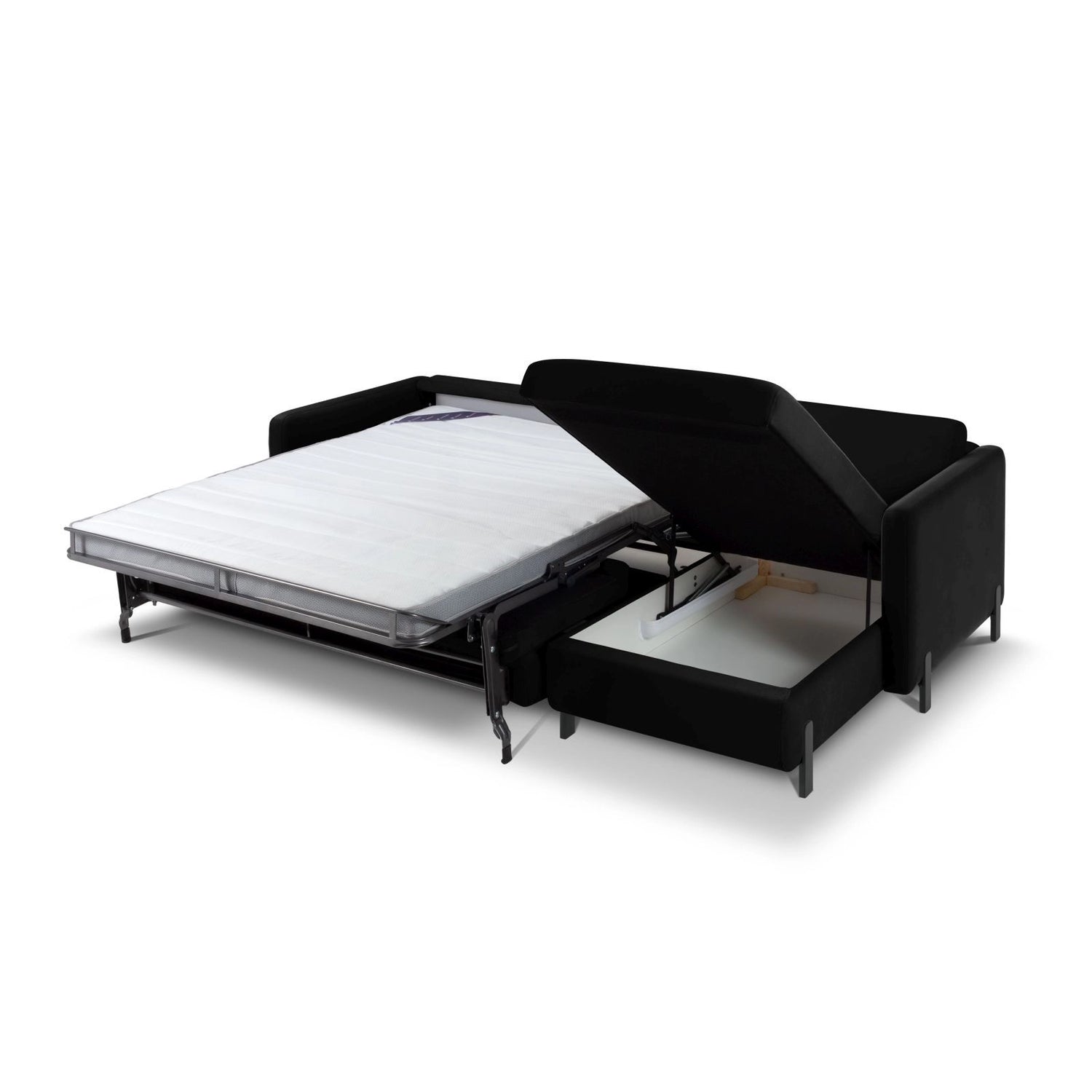 Gloria 4-Sitzer Ecksofa mit Schlaffunktion und Bettkasten, Rechte Seite, aus Samt in Schwarz (Salvador 19), 266x170 cm von Micadoni – Bild 5