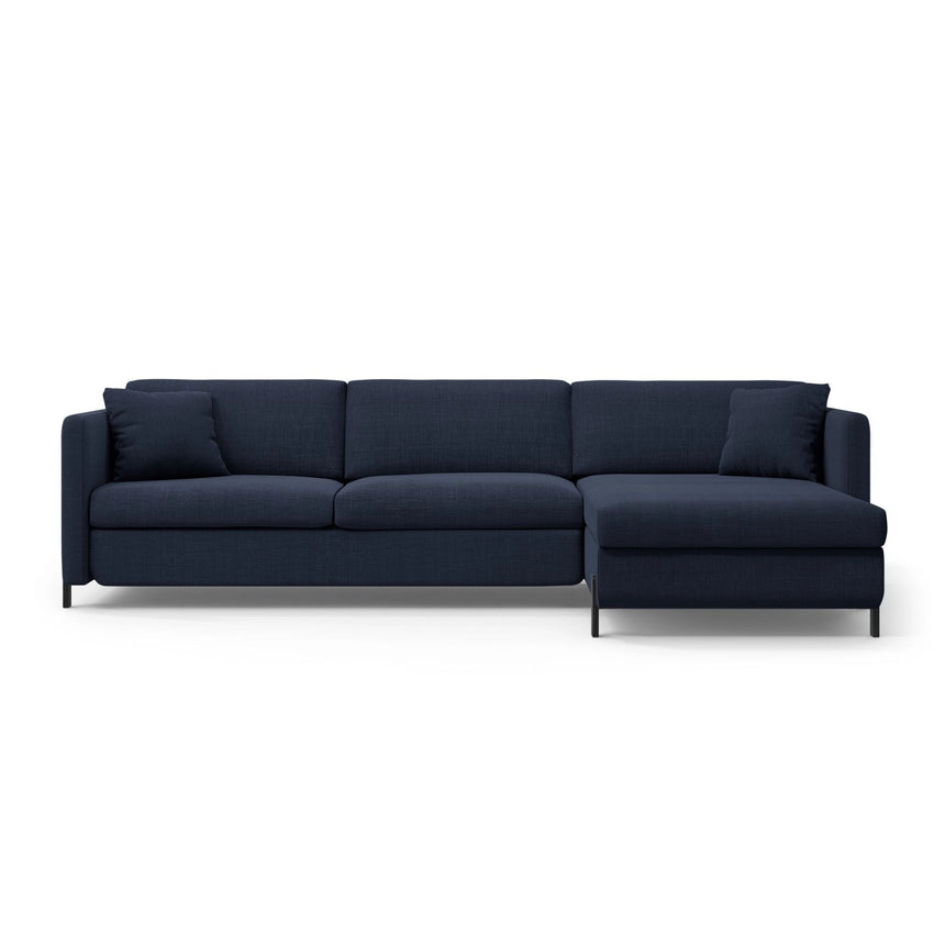 Gloria 4-Sitzer Ecksofa mit Schlaffunktion und Bettkasten, Rechte Seite, aus Strukturierter Stoff in Blau (Bjorn 86), 266x170 cm von Micadoni – Bild 1