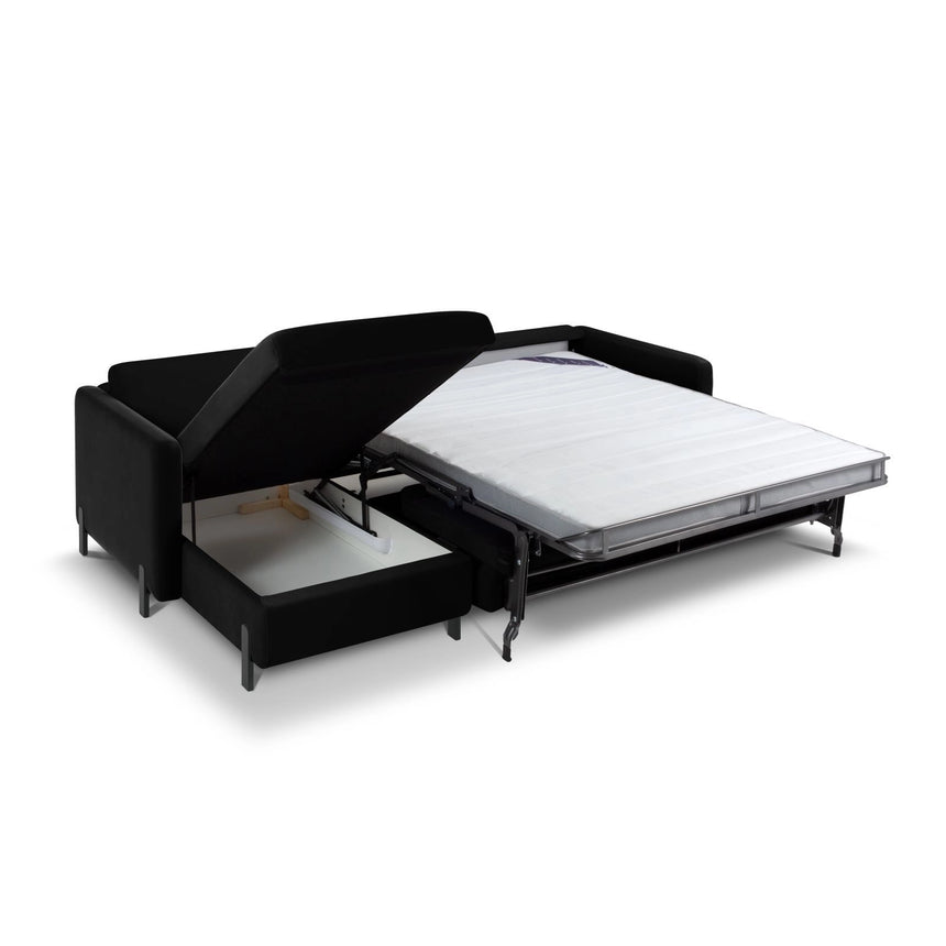 Gloria 5-Sitzer Ecksofa mit Schlaffunktion und Bettkasten, Linke Seite, aus Samt in Schwarz (Salvador 19), 286x170 cm von Micadoni – Bild 2