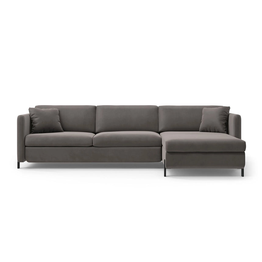 Gloria 5-Sitzer Ecksofa mit Schlaffunktion und Bettkasten, Rechte Seite, aus Samt in Grau (Salvador 17), 286x170 cm von Micadoni – Bild 1