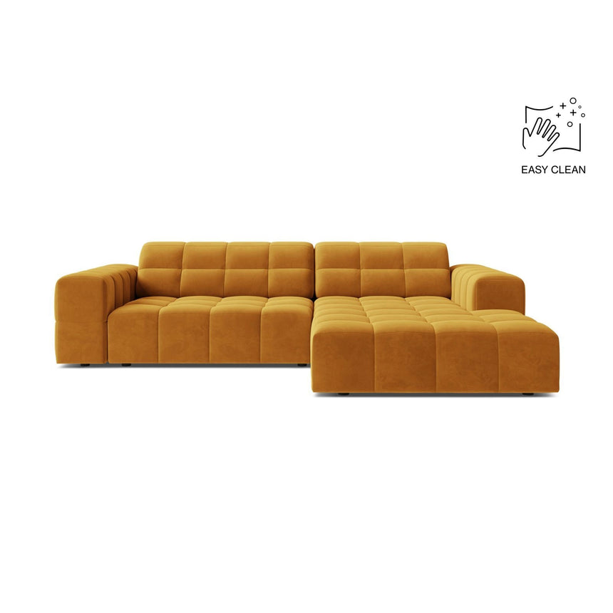 Jennifer 4-Sitzer Ecksofa, Rechte Seite, aus Samt in Gelb (Venus 2917), 234x167 cm von Micadoni – Bild 1