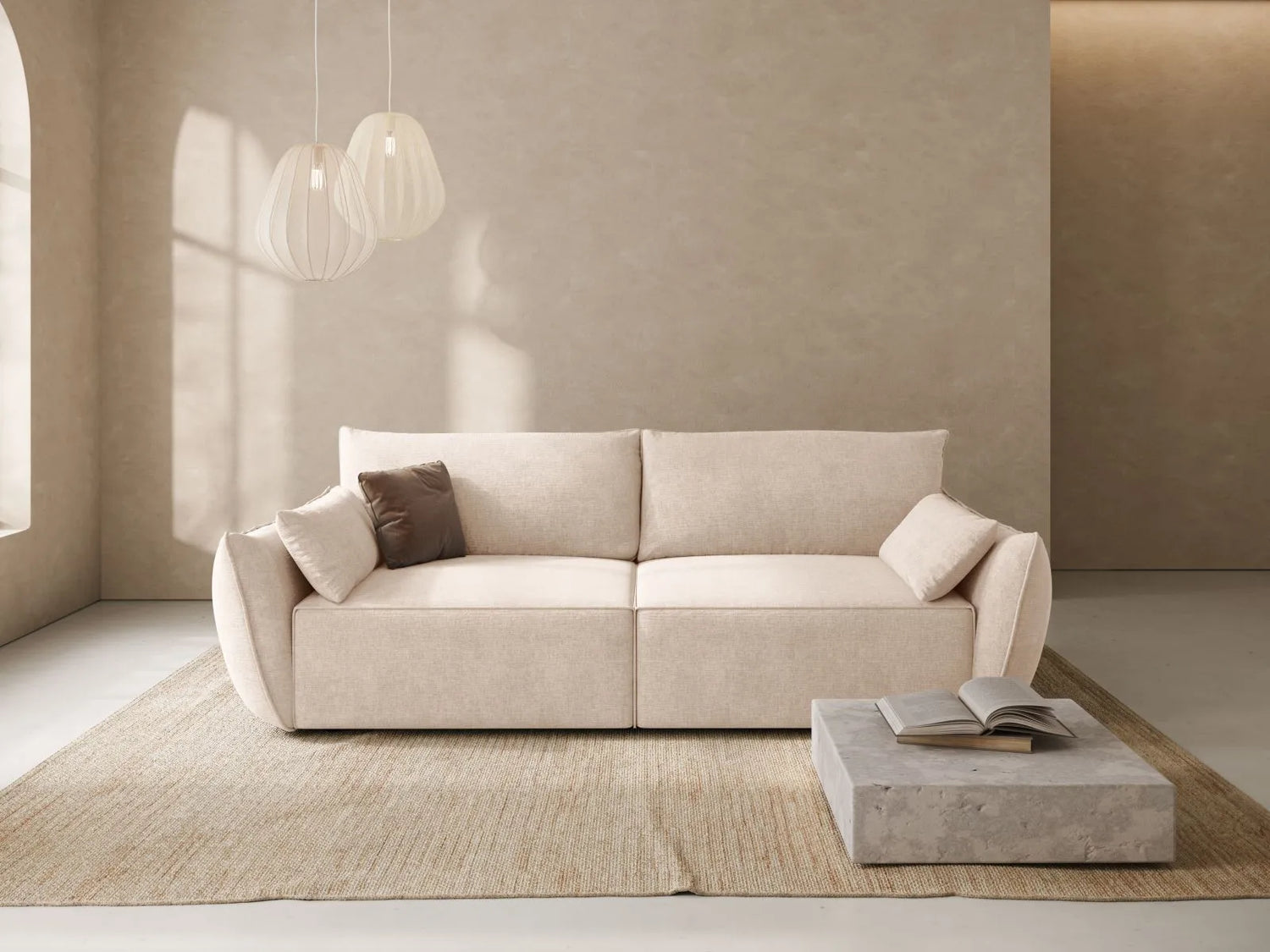 Kaelle 3-Sitzer Sofa mit Schlaffunktion und Bettkasten, ausklappbar, aus Chenille in Beige (Over The Horizon 08), 244x97 cm von Micadoni – Bild 2