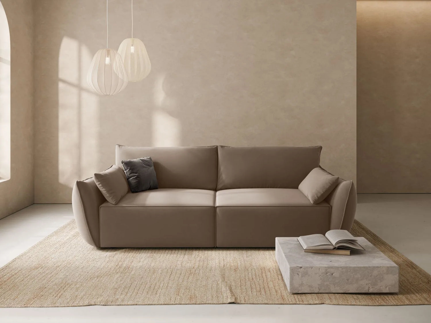 Kaelle 3-Sitzer Sofa mit Schlaffunktion und Bettkasten, ausklappbar, aus Samt in Cappuccino (Bluvel 40), 244x97 cm von Micadoni – Bild 2