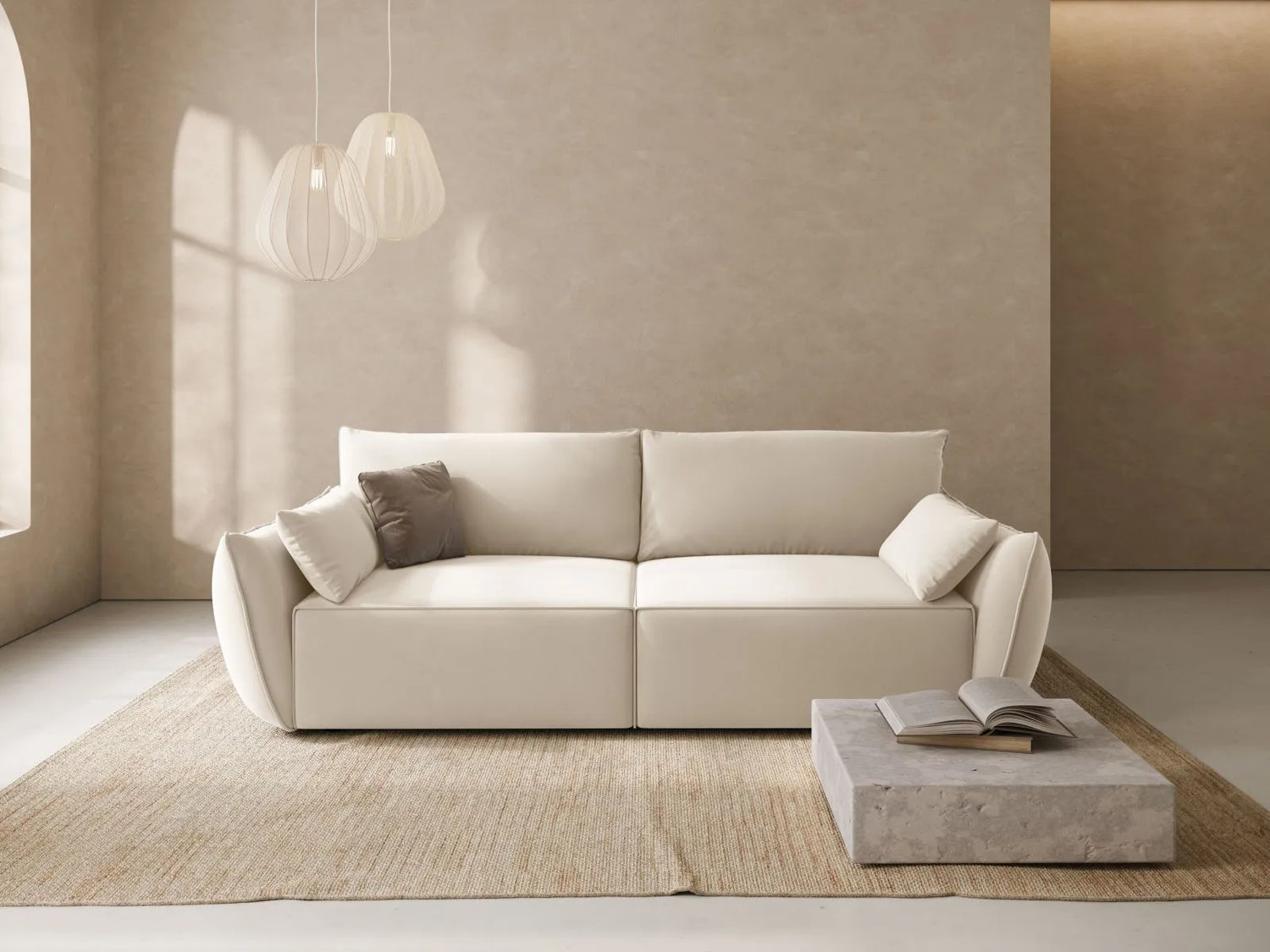 Kaelle 3-Sitzer Sofa mit Schlaffunktion und Bettkasten, ausklappbar, aus Samt in Leichtes Beige (Bluvel 22), 244x97 cm von Micadoni – Bild 2