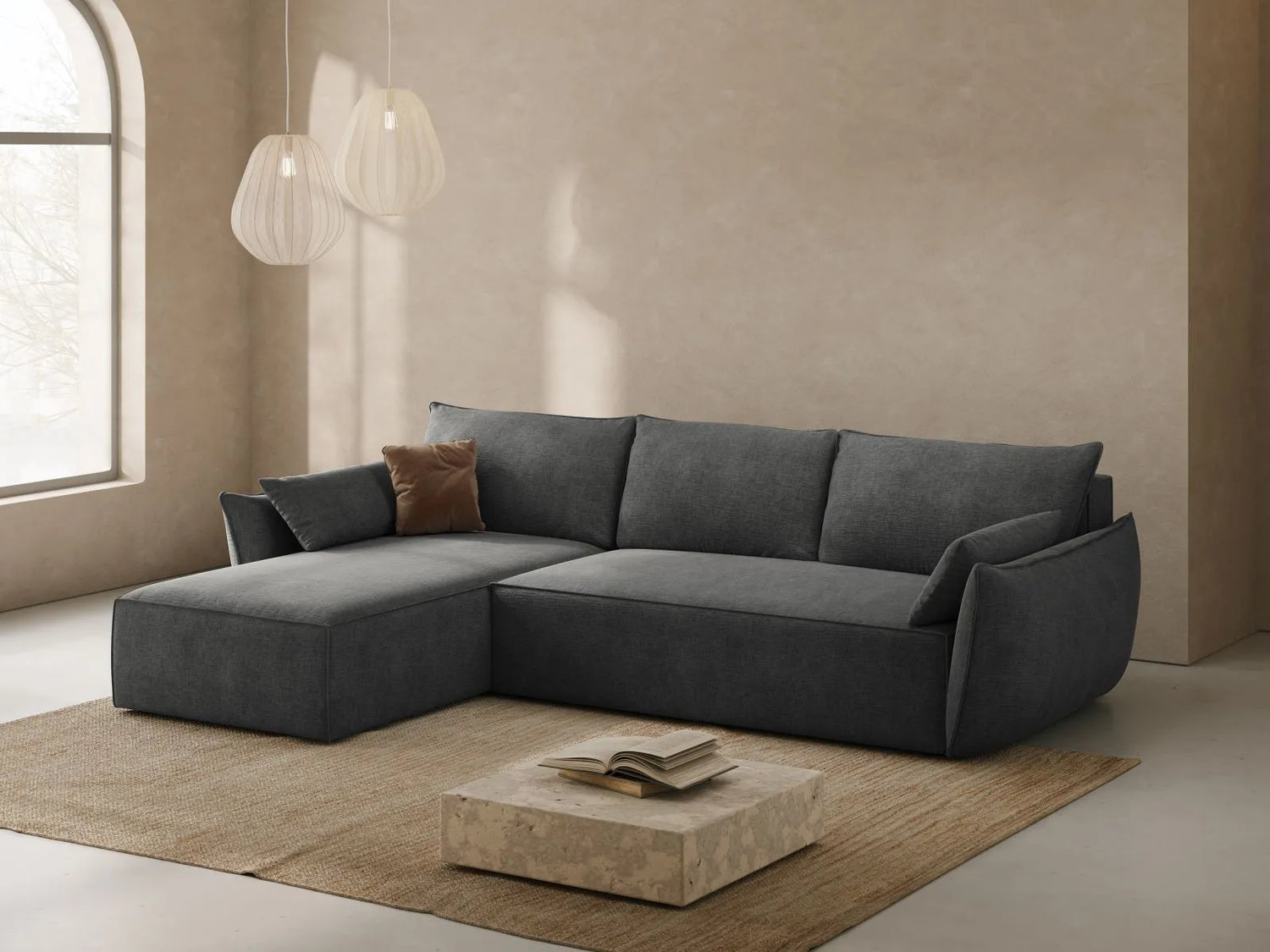 Kaelle 4-Sitzer Ecksofa mit Schlaffunktion und Bettkasten, Linke Seite, aus Chenille in Dunkelgrau (Over The Horizon 97), 252x165 cm von Micadoni – Bild 2