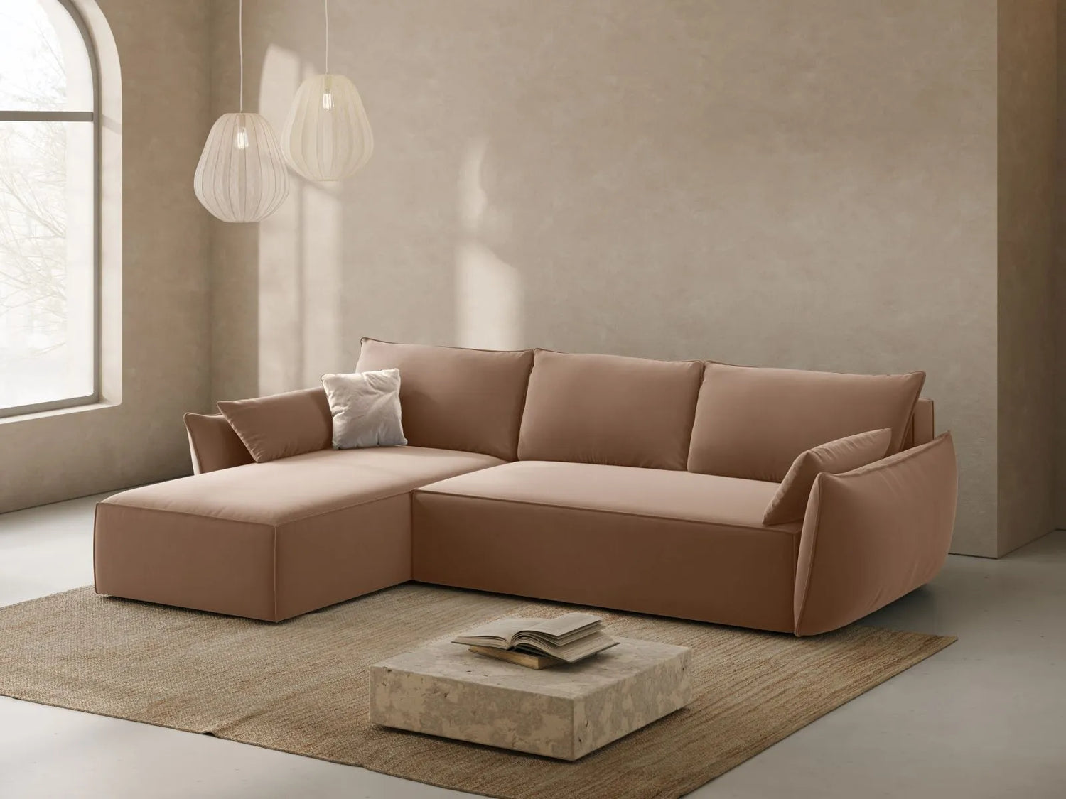 Kaelle 4-Sitzer Ecksofa mit Schlaffunktion und Bettkasten, Linke Seite, aus Samt in Beige (Bluvel 28), 252x165 cm von Micadoni – Bild 2