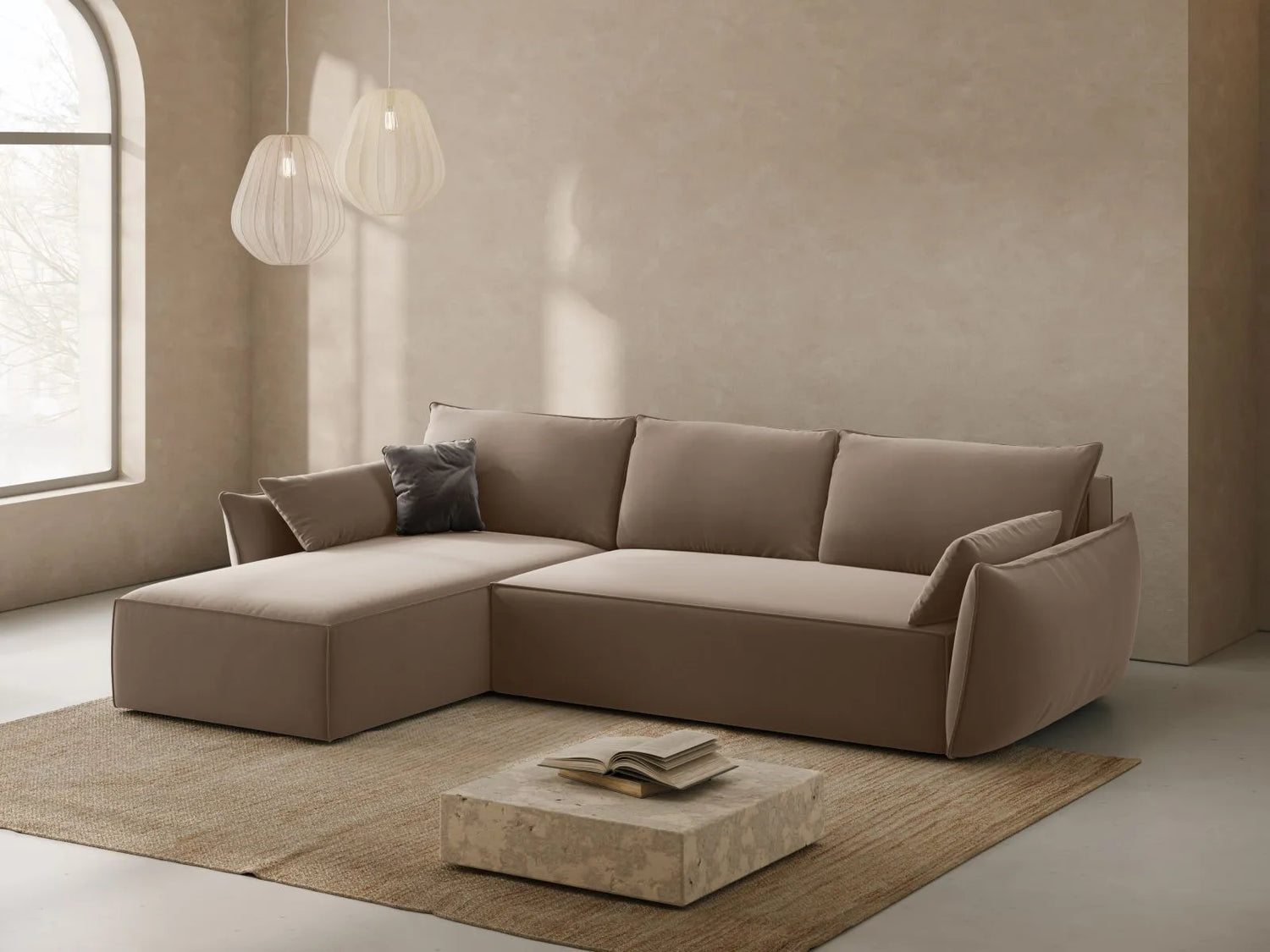Kaelle 4-Sitzer Ecksofa mit Schlaffunktion und Bettkasten, Linke Seite, aus Samt in Cappuccino (Bluvel 40), 252x165 cm von Micadoni – Bild 2