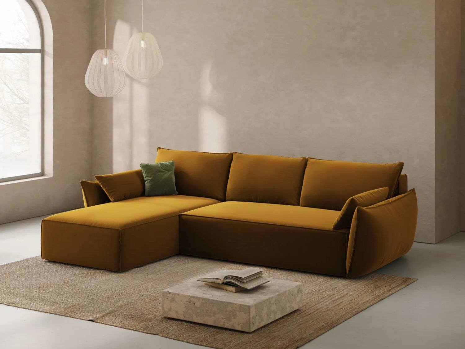 Kaelle 4-Sitzer Ecksofa mit Schlaffunktion und Bettkasten, Linke Seite, aus Samt in Gelb (Bluvel 68), 252x165 cm von Micadoni – Bild 2