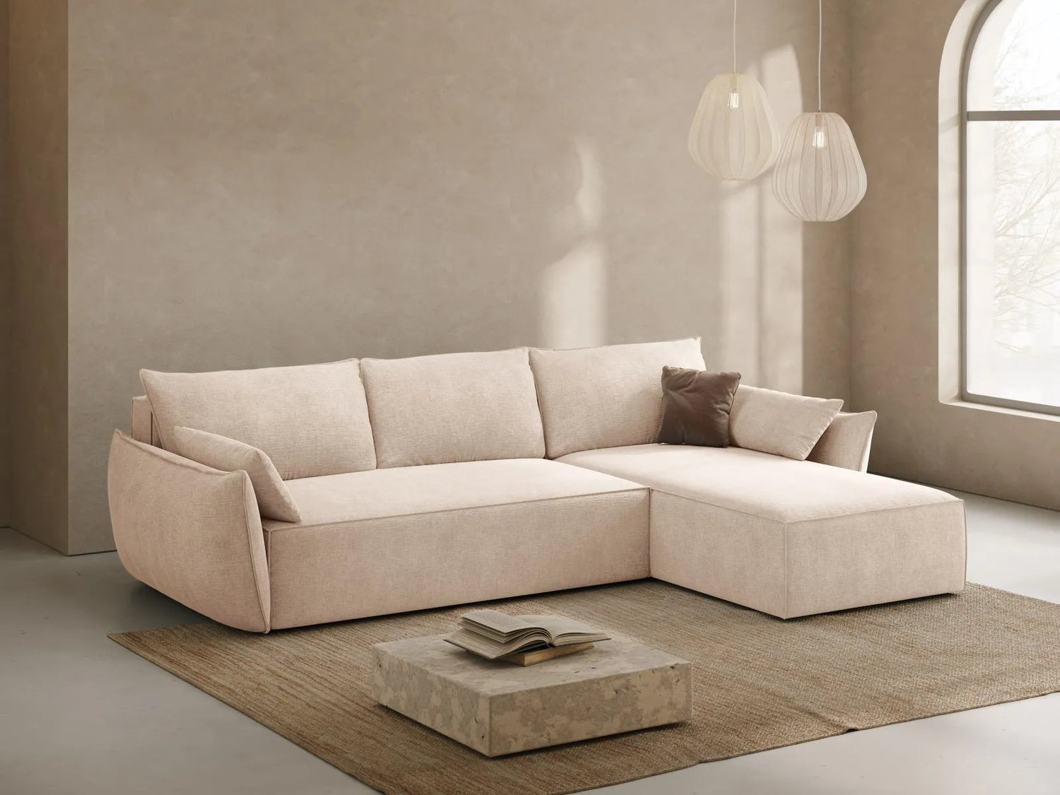 Kaelle 4-Sitzer Ecksofa mit Schlaffunktion und Bettkasten, Rechte Seite, aus Chenille in Beige (Over The Horizon 08), 252x165 cm von Micadoni – Bild 2