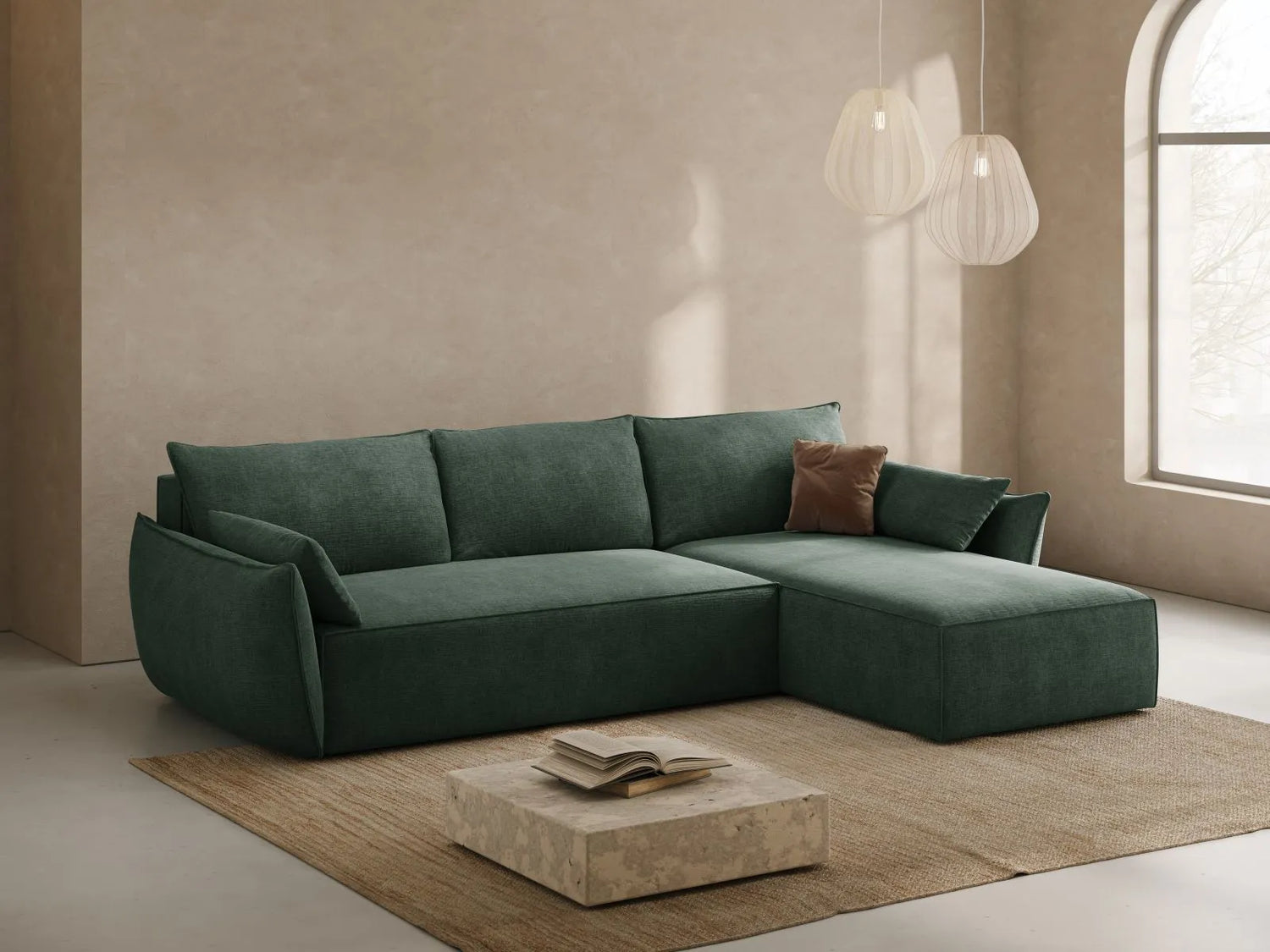 Kaelle 4-Sitzer Ecksofa mit Schlaffunktion und Bettkasten, Rechte Seite, aus Chenille in Flaschengrün (Over The Horizon 39), 252x165 cm von Micadoni – Bild 2