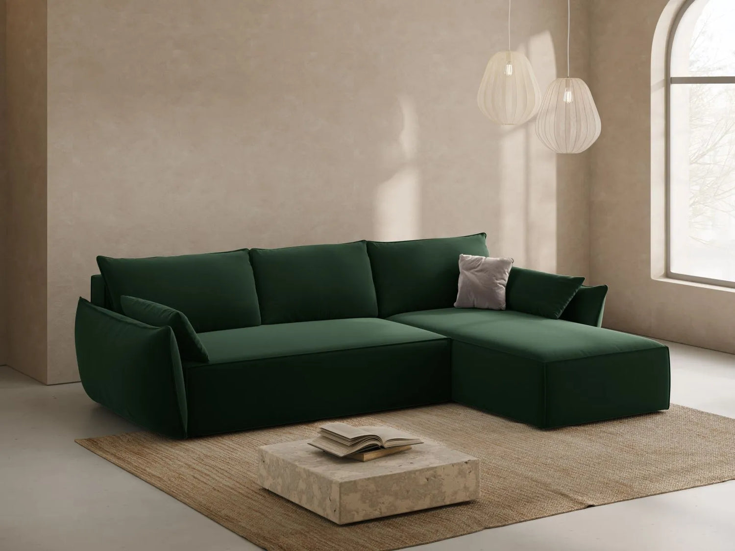 Kaelle 4-Sitzer Ecksofa mit Schlaffunktion und Bettkasten, Rechte Seite, aus Samt in Flaschengrün (Bluvel 78), 252x165 cm von Micadoni – Bild 2