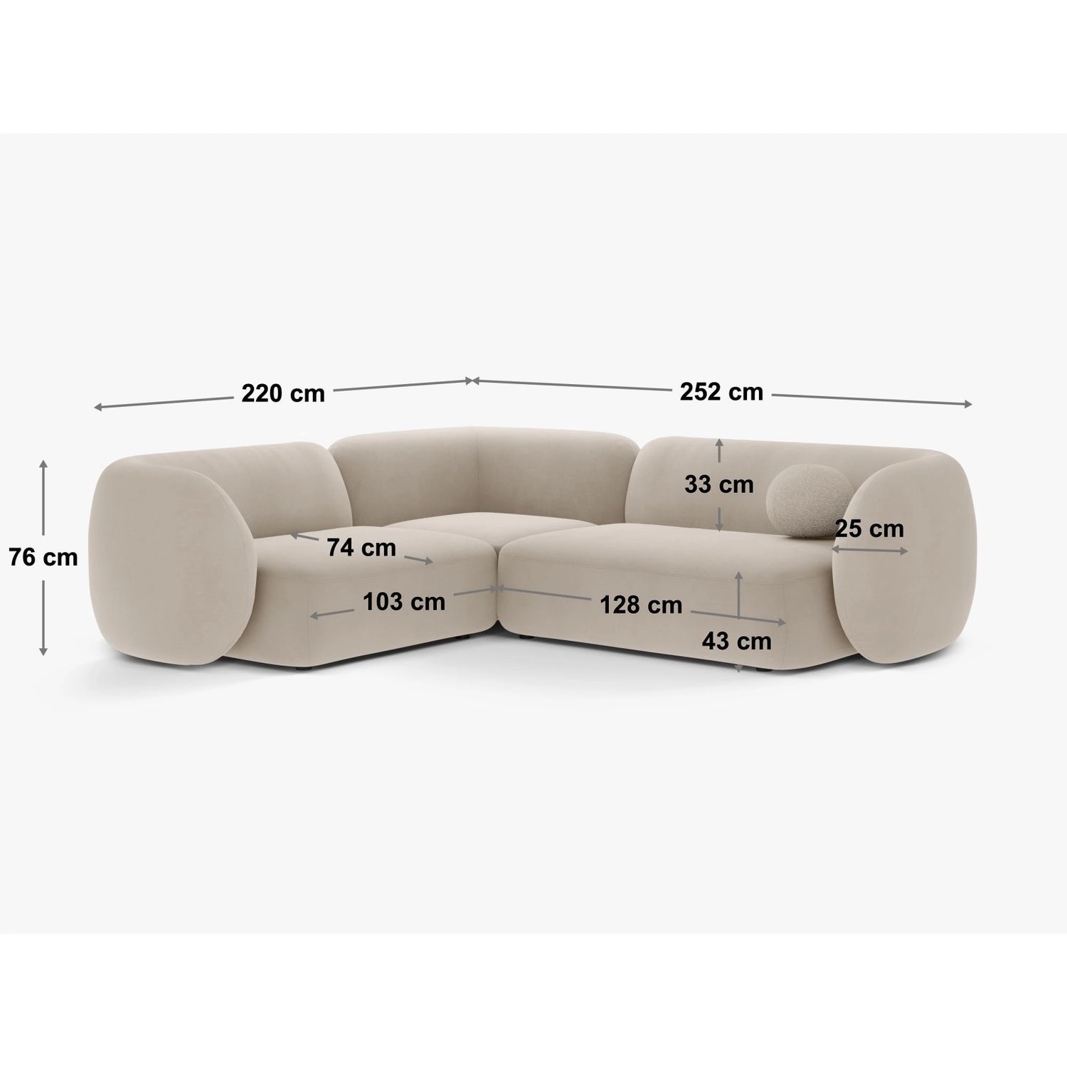 Kate 4-Sitzer Ecksofa, Linke Seite, aus Samt, Boucle oder Strukturstoff, 252x220 cm von Micadoni – Bild 2