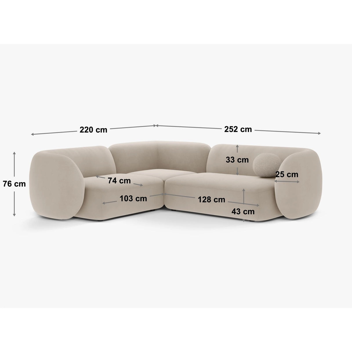 Kate 4-Sitzer Ecksofa, Rechte Seite, aus Samt in Dunkelgrau (Salvador 18), 252x220 cm von Micadoni – Bild 2