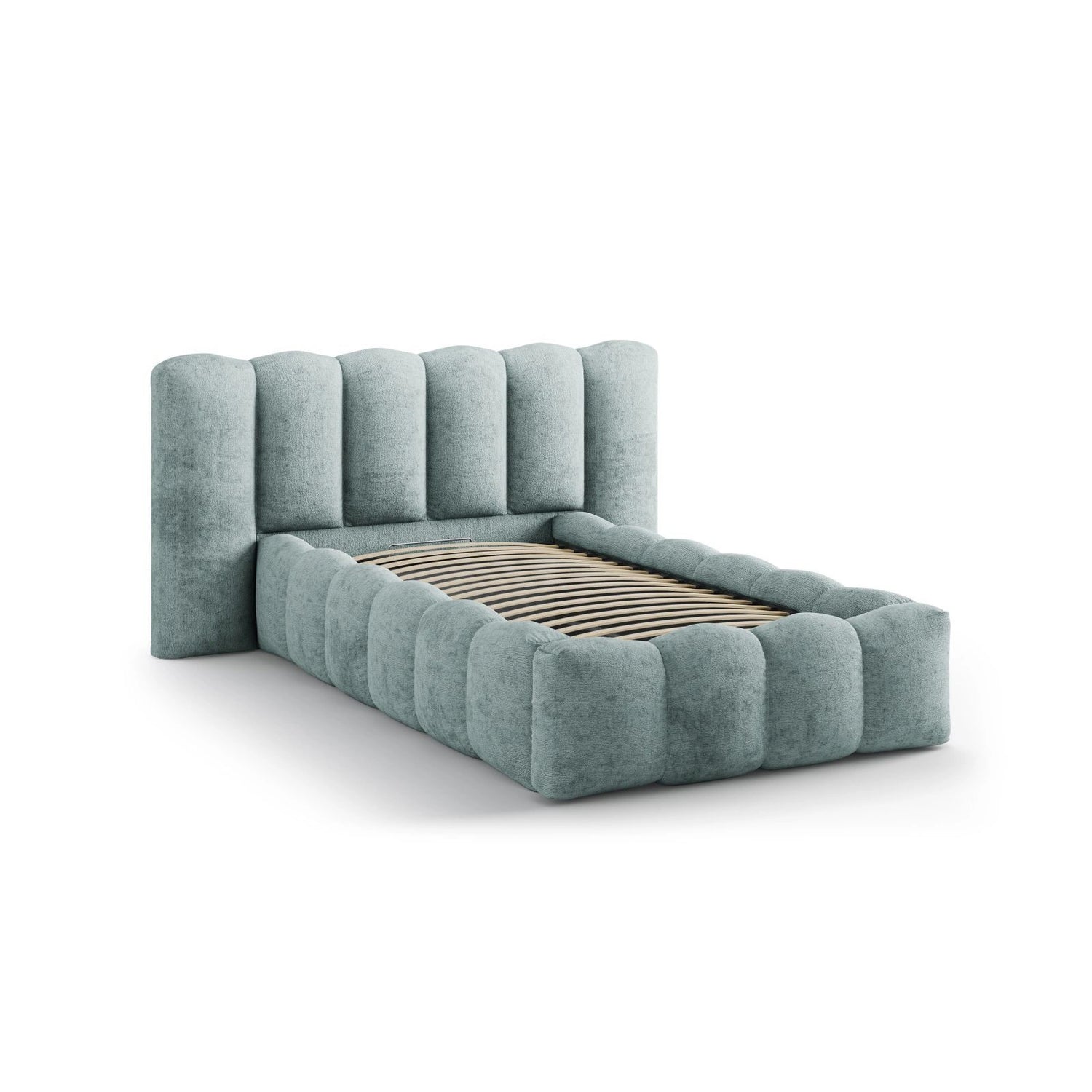 Lupine Bett mit Kopfteil und Stauraum aus Chenille in Hellblau (Perfect Harmony 72), 90x200 cm von Micadoni – Bild 6