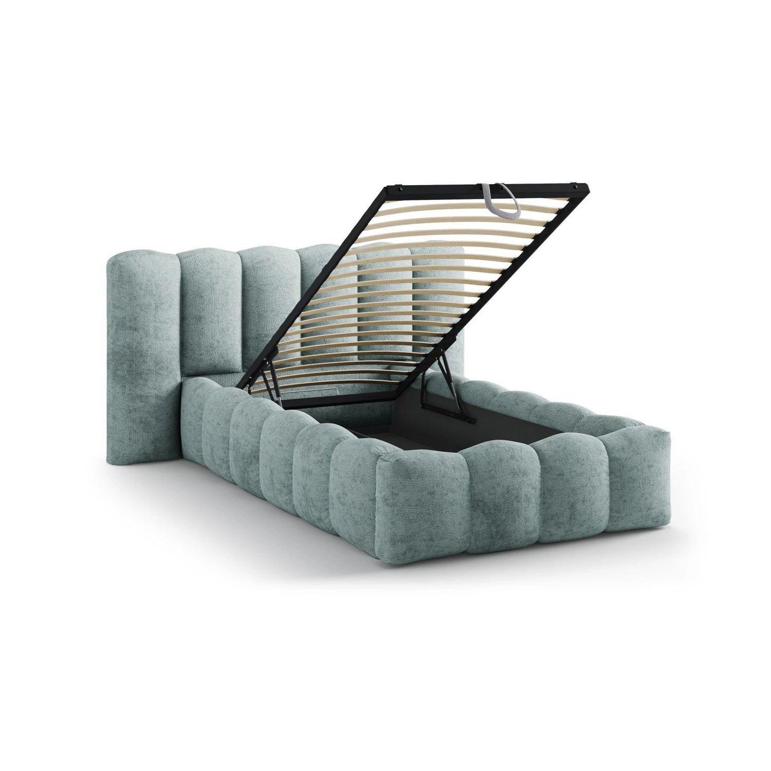 Lupine Bett mit Kopfteil und Stauraum aus Chenille in Hellblau (Perfect Harmony 72), 90x200 cm von Micadoni – Bild 7