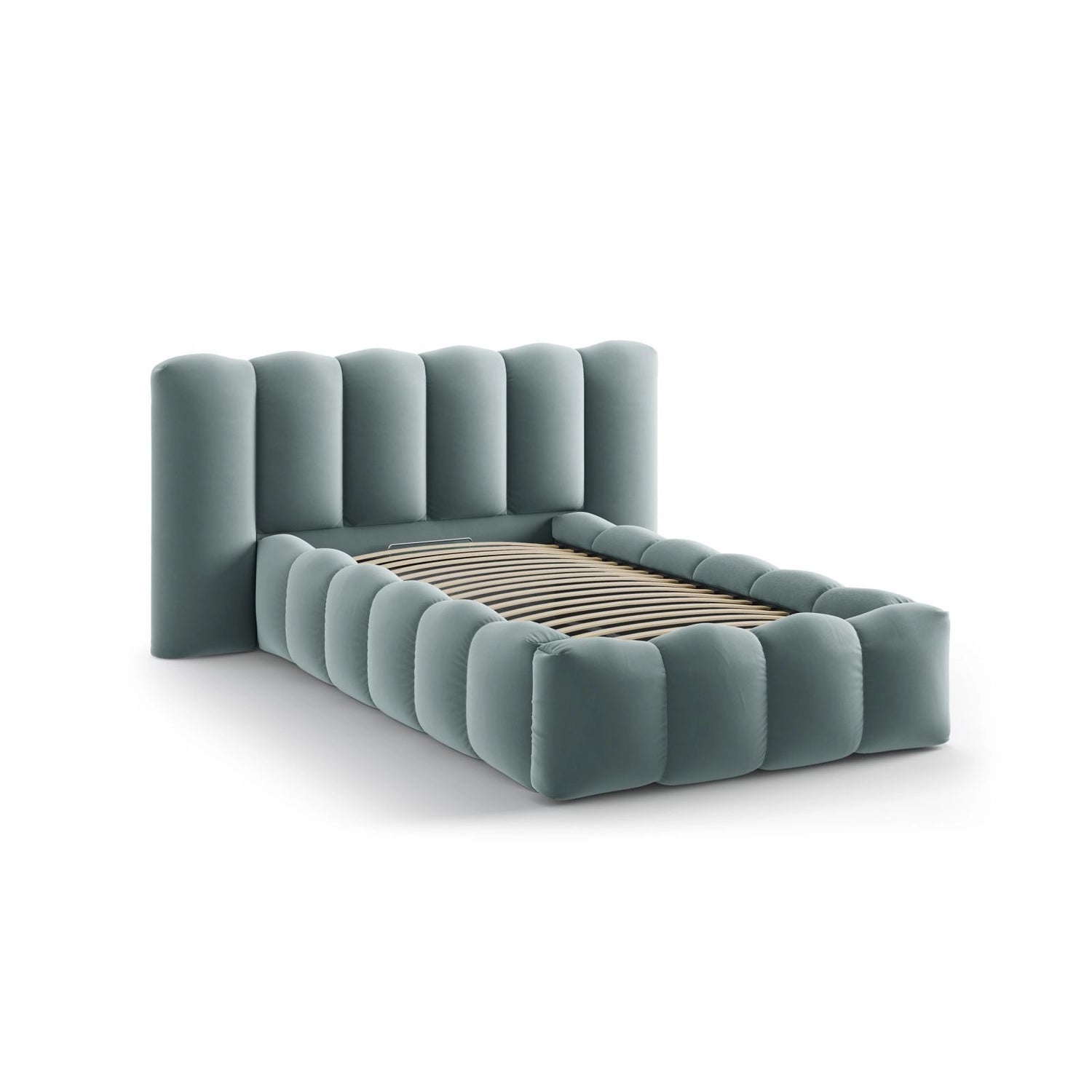 Lupine Bett mit Kopfteil und Stauraum aus Samt in Minze (Paris Safira), 90x200 cm von Micadoni – Bild 6