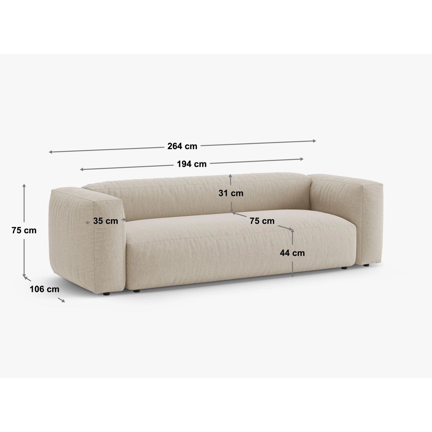 Martina 3-Sitzer Sofa mit Schlaffunktion, ausklappbar, aus Samt, Boucle oder Strukturstoff, 264x106 cm von Micadoni – Bild 4