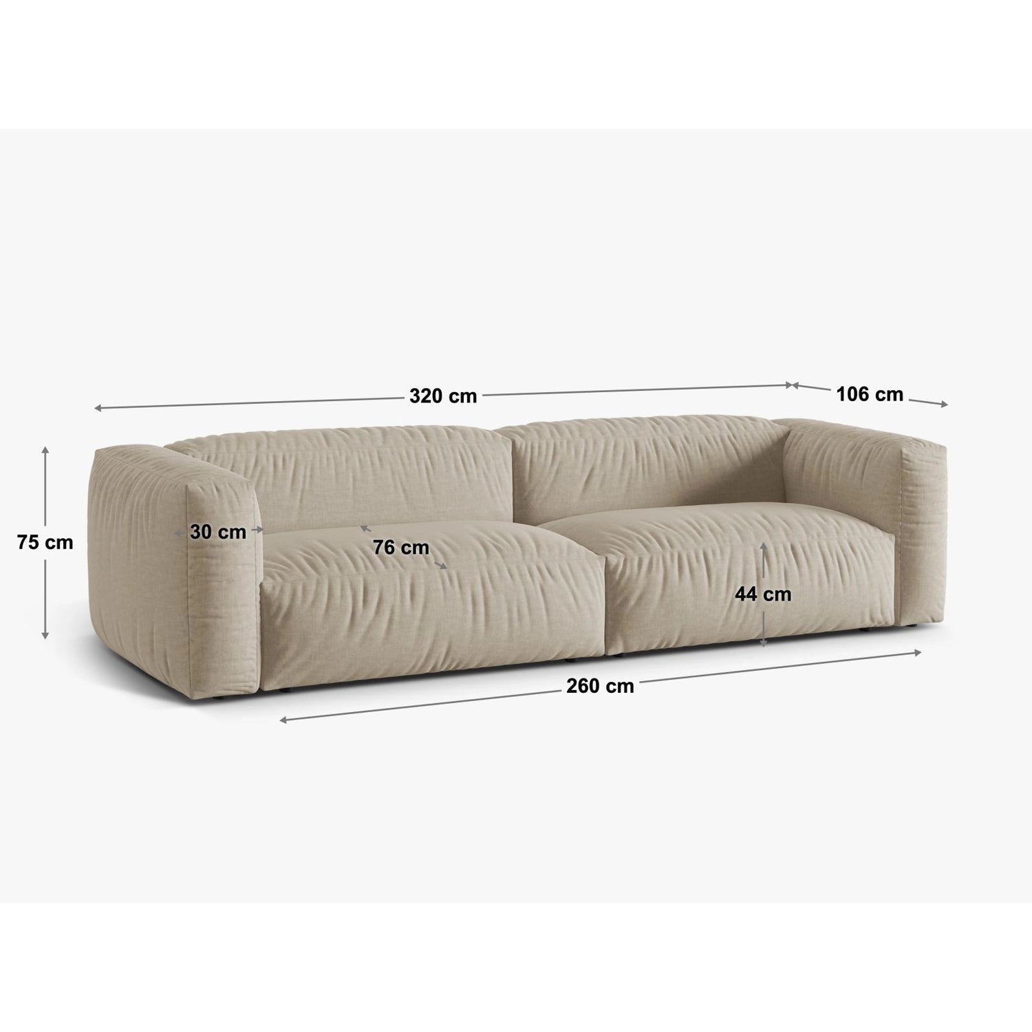 Martina 4-Sitzer Sofa, Sitztiefe 76 cm, aus Samt in Dunkelbeige (Vogue 3), 320x106 cm von Micadoni – Bild 2