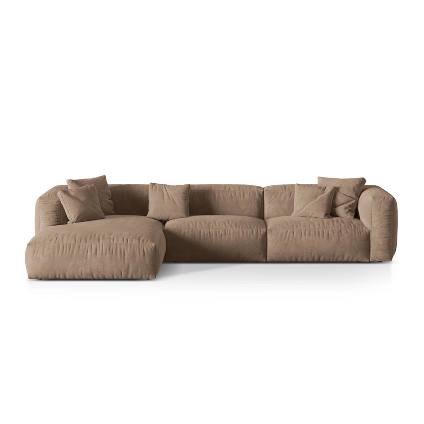 Martina modulares Ecksofa, Linke Seite, Sitztiefe 76 cm, aus Samt in Dunkelbeige (Vogue 3), 330x176 cm von Micadoni – Bild 1