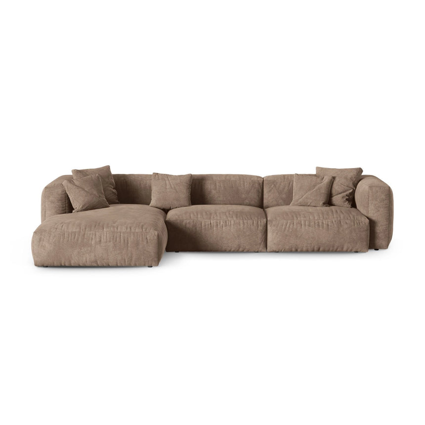 Martina modulares Ecksofa, Linke Seite, Sitztiefe 90 cm, aus Samt in Dunkelbeige (Vogue 3), 330x176 cm von Micadoni – Bild 1