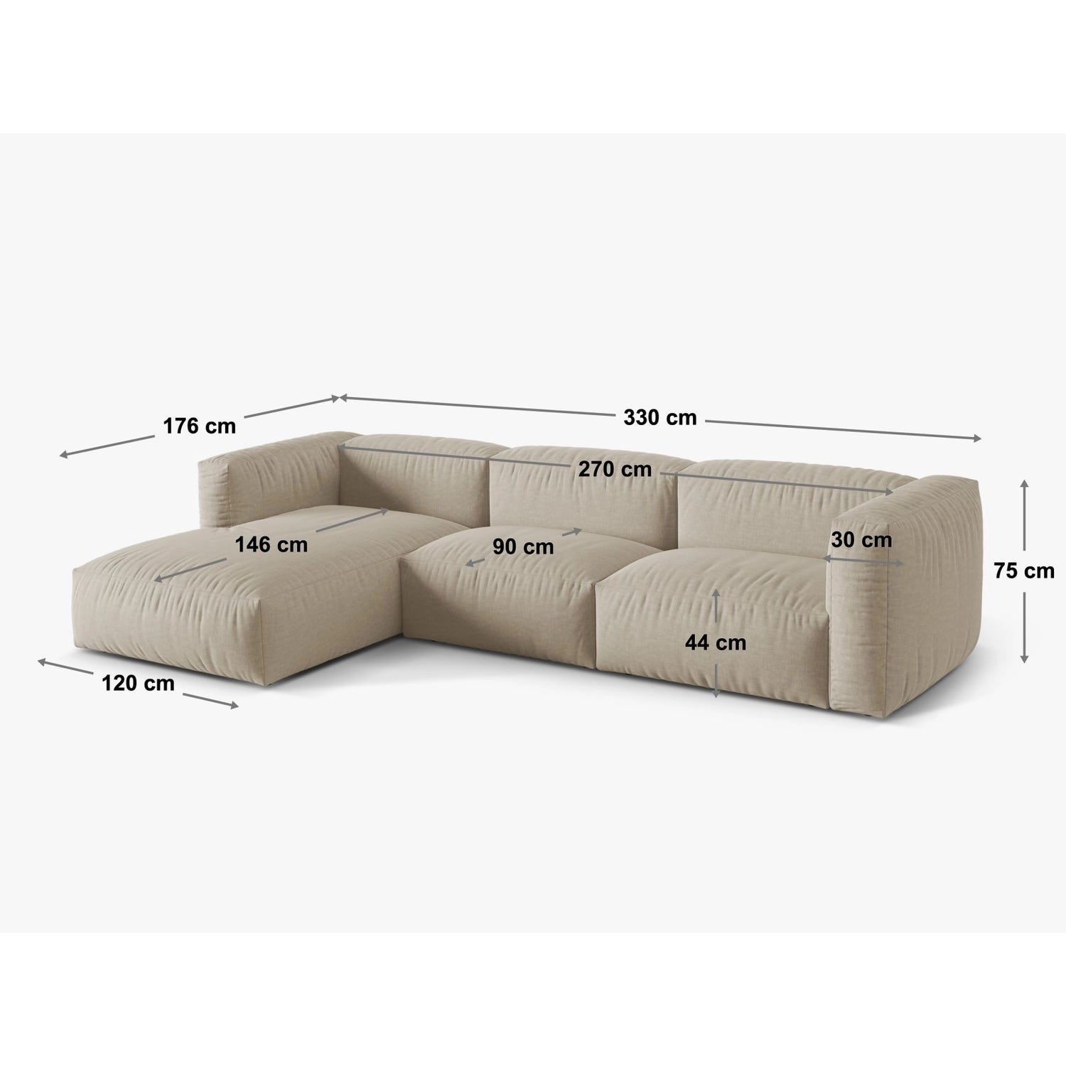 Martina modulares Ecksofa, Rechte Seite, Sitztiefe 90 cm, aus Boucle in Beige (Monet Sand), 330x176 cm von Micadoni – Bild 2