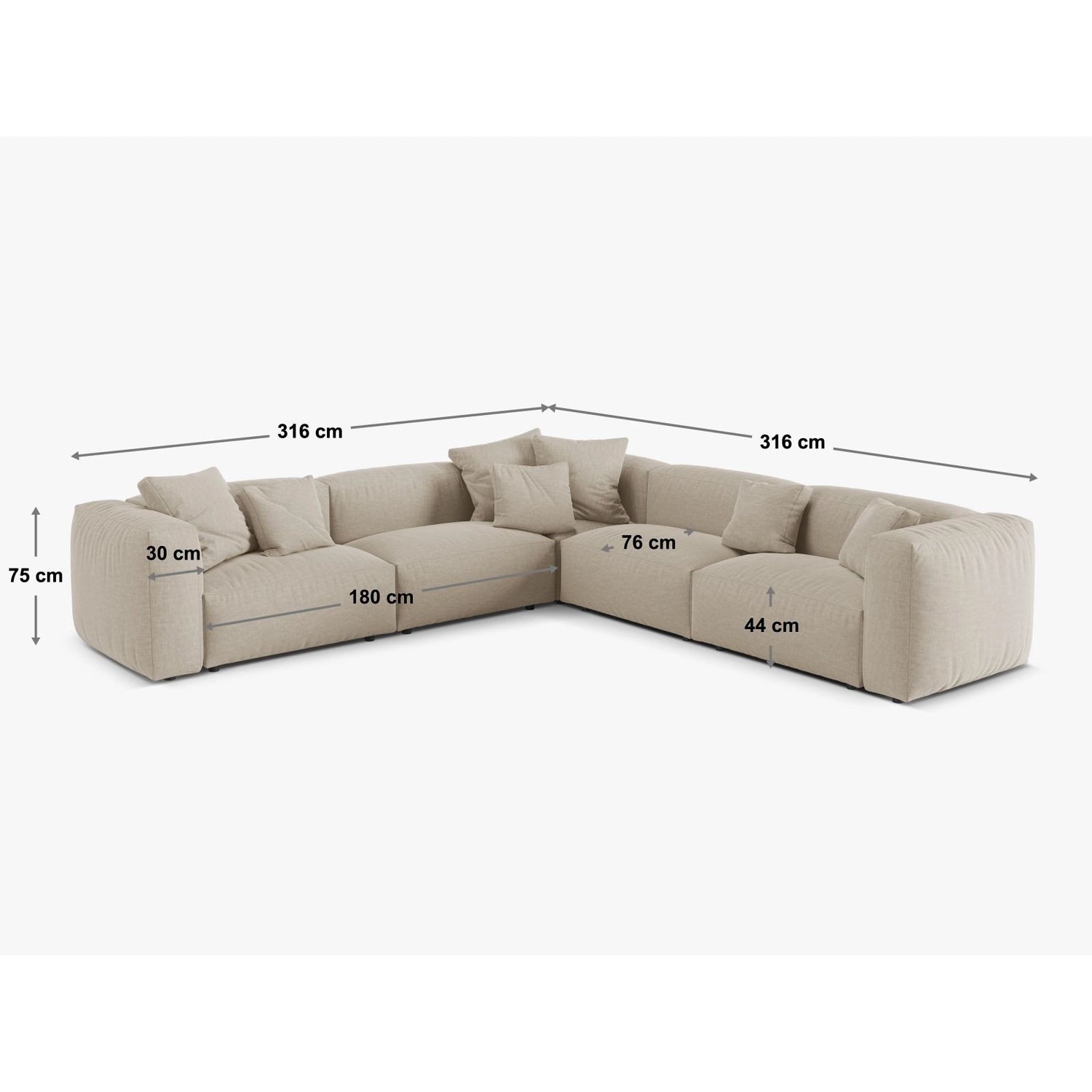 Martina modulares Ecksofa, Symmetrisch, Sitztiefe 76 cm, aus Strukturierter Stoff in Schwarz (Boston Black), 316x316 cm von Micadoni – Bild 2