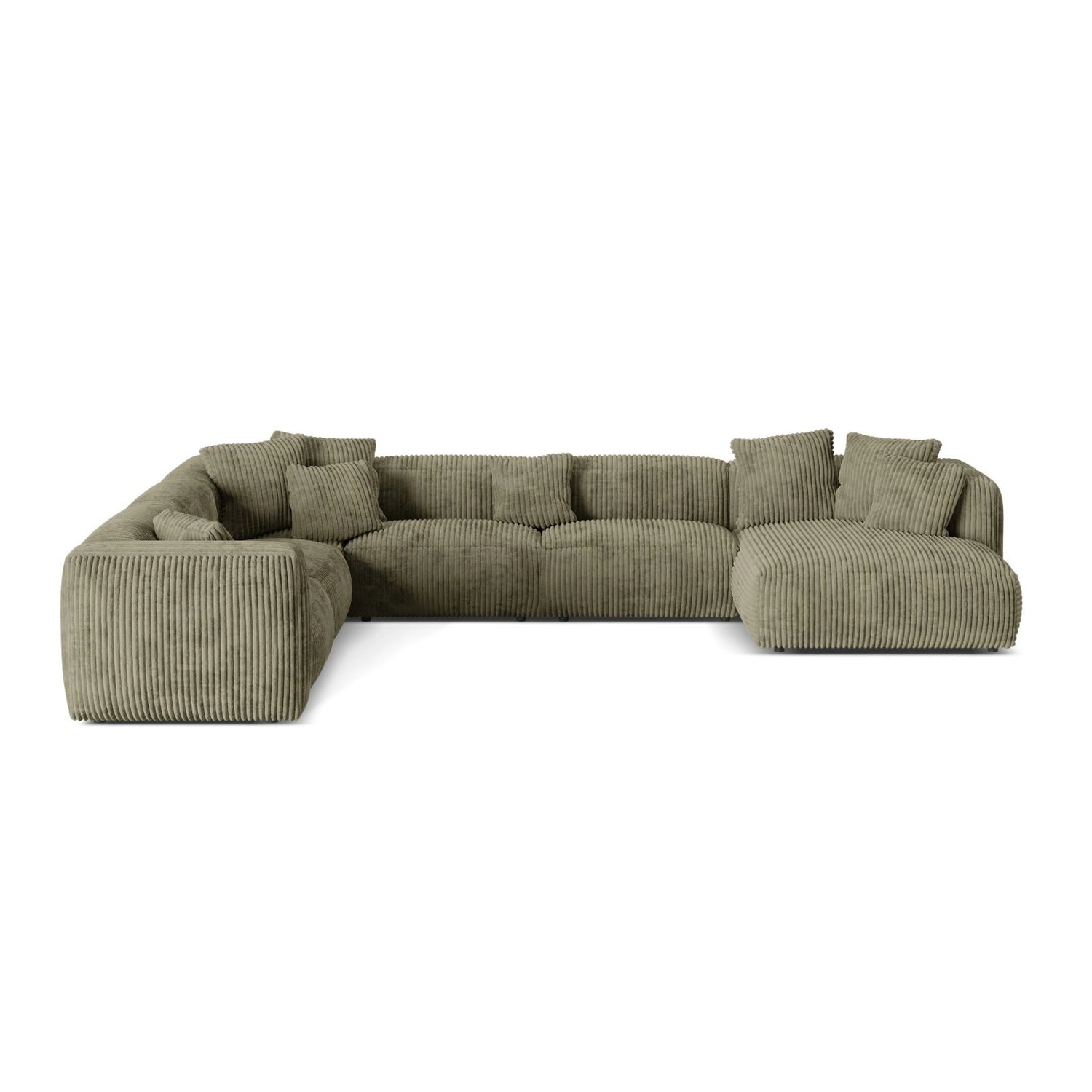 Martina modulares Panoramasofa, Linke Seite, Sitztiefe 76 cm, aus Cord in Moosgrün (Tilia 37), 406x316 cm von Micadoni – Bild 1
