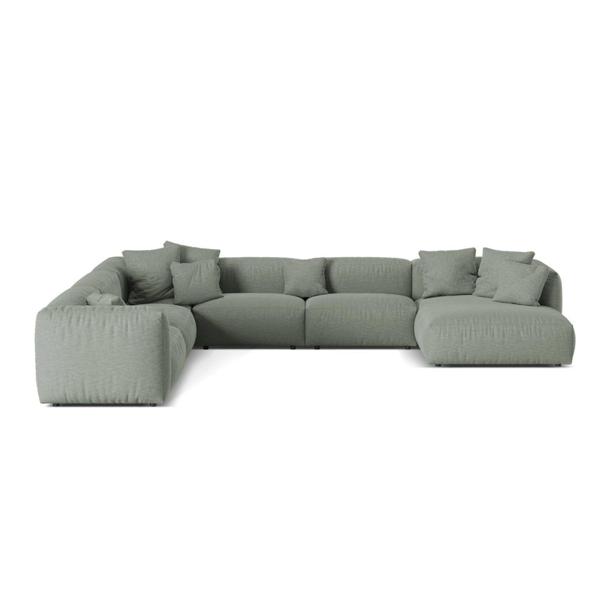 Martina modulares Panoramasofa, Linke Seite, Sitztiefe 76 cm, aus Strukturierter Stoff in Moosgrün (Boston Water Green), 406x316 cm von Micadoni – Bild 1