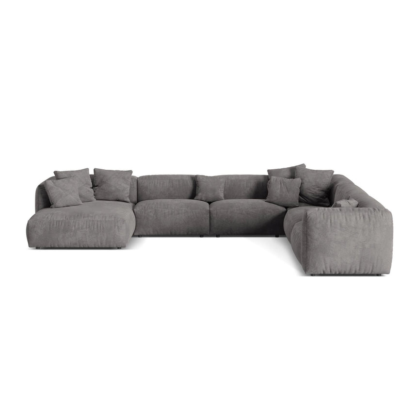 Martina modulares Panoramasofa, Rechte Seite, Sitztiefe 76 cm, aus Samt in Grau (Vogue 15), 406x316 cm von Micadoni – Bild 1