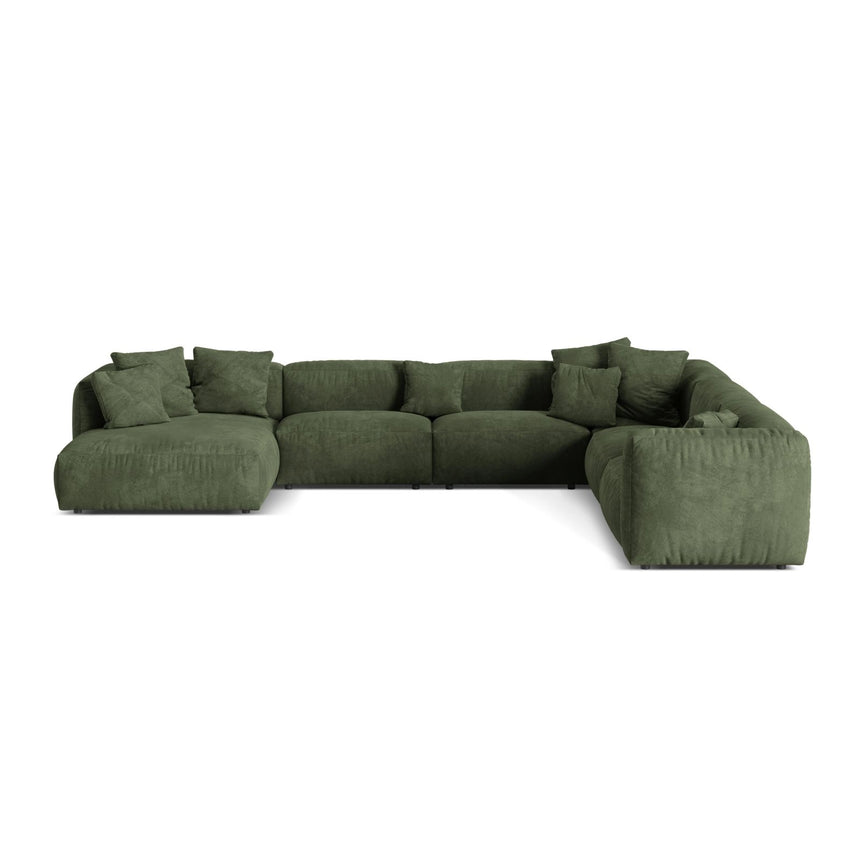 Martina modulares Panoramasofa, Rechte Seite, Sitztiefe 76 cm, aus Samt in Grün (Vogue 11), 406x316 cm von Micadoni – Bild 1