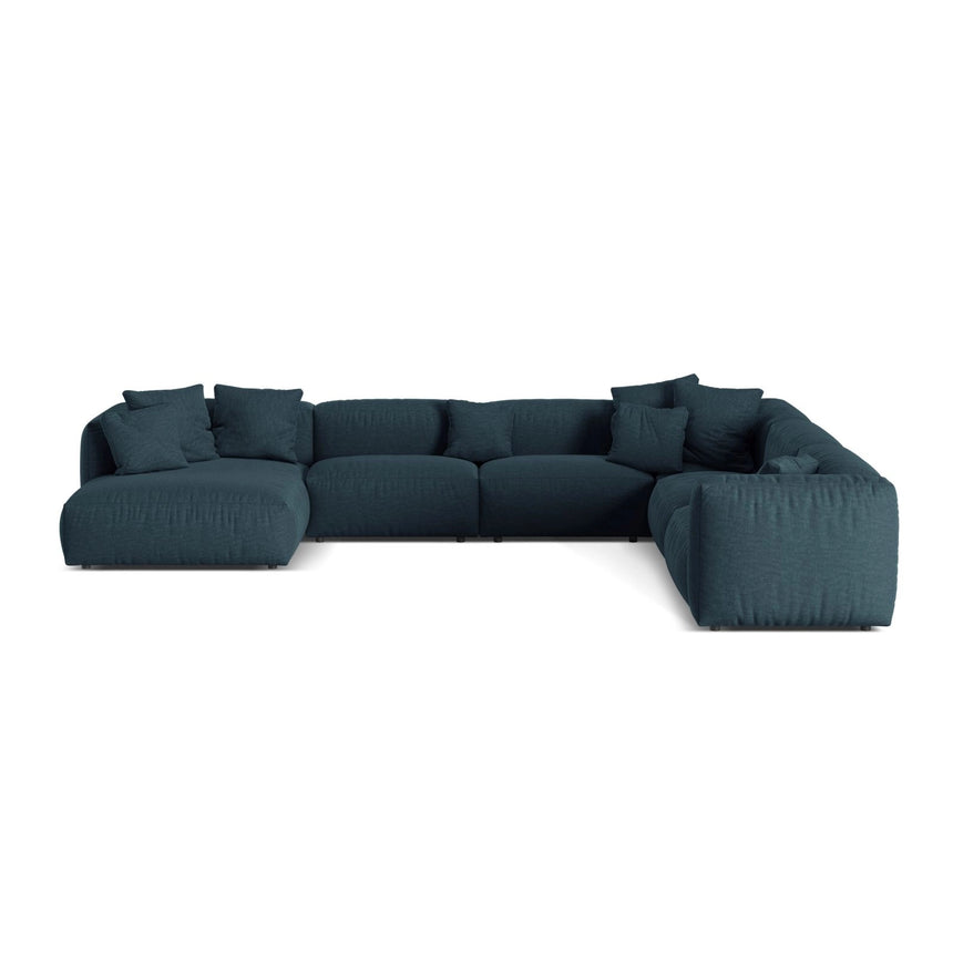 Martina modulares Panoramasofa, Rechte Seite, Sitztiefe 76 cm, aus Strukturierter Stoff in Blau Jeans (Boston Ocean), 406x316 cm von Micadoni – Bild 1