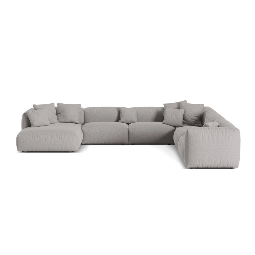 Martina modulares Panoramasofa, Rechte Seite, Sitztiefe 76 cm, aus Strukturierter Stoff in Hellgrau (Boston Light Grey), 406x316 cm von Micadoni – Bild 1