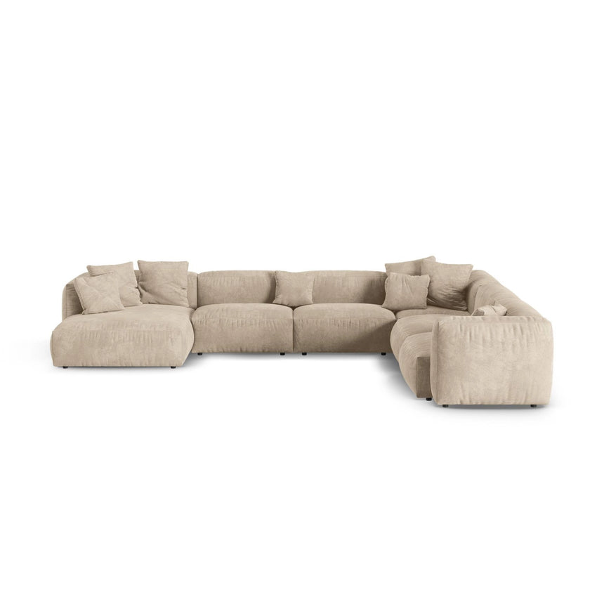 Martina modulares Panoramasofa, Rechte Seite, Sitztiefe 90 cm, aus Samt, Cord, Boucle oder Strukturstoff, 420x330 cm von Micadoni – Bild 1