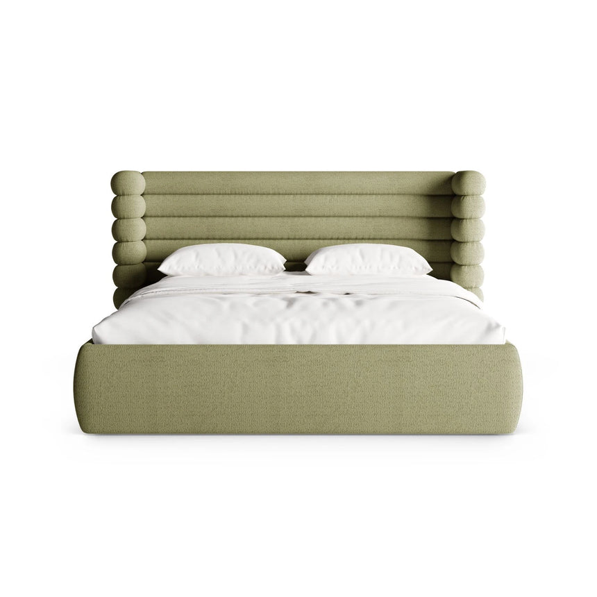Mount Bett mit Kopfteil und Stauraum aus Boucle in Light Olive (CORAL 25), 140x200 cm von Micadoni – Bild 5