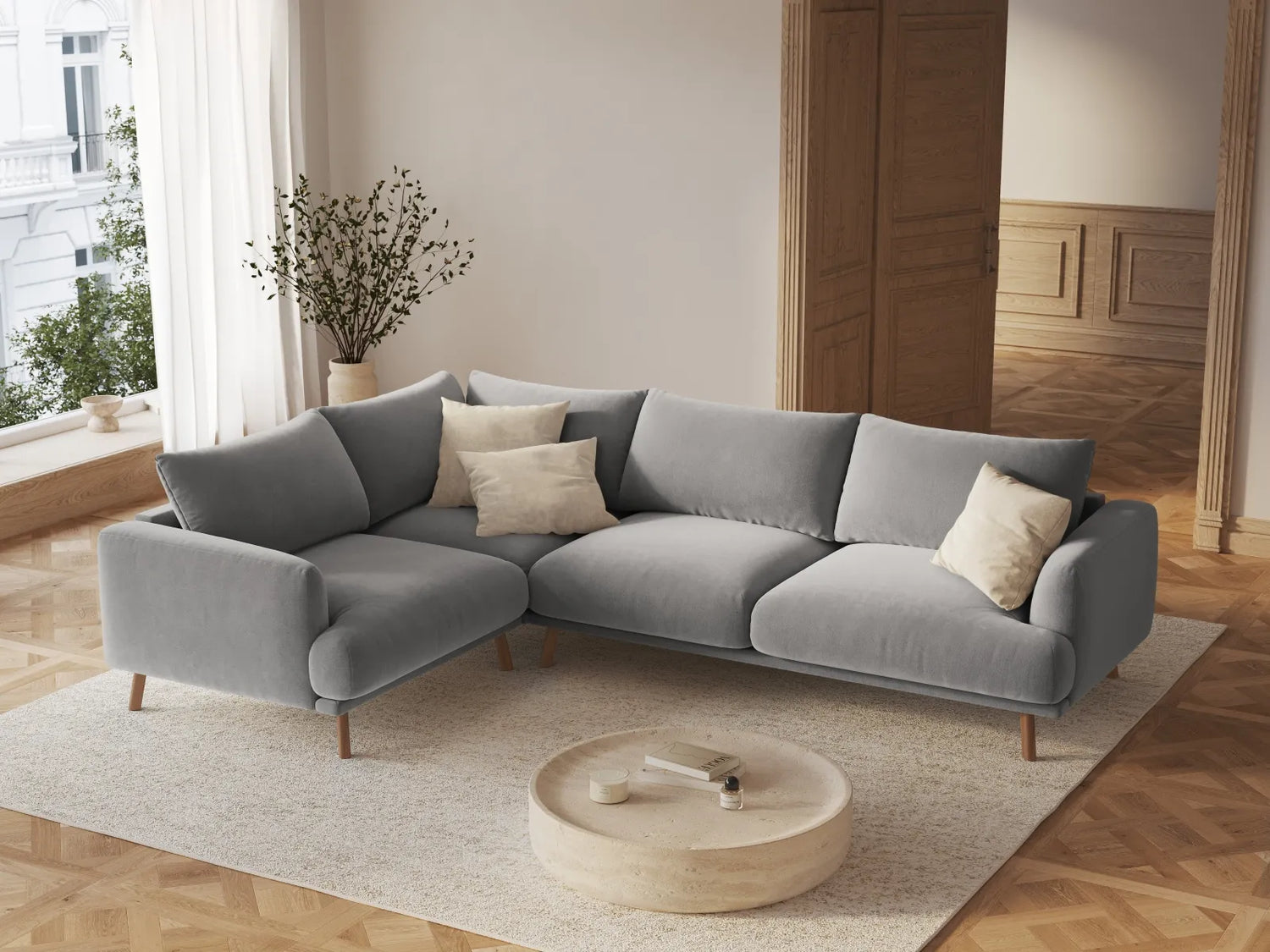 Naomi 4-Sitzer Ecksofa, Linke Seite, aus Samt in Grau (Salvador 17), 280x195 cm von Micadoni – Bild 2