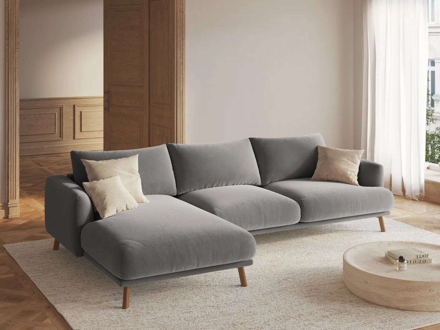 Naomi 4-Sitzer Ecksofa, Linke Seite, aus Samt in Grau (Salvador 17), 285x170 cm von Micadoni – Bild 2