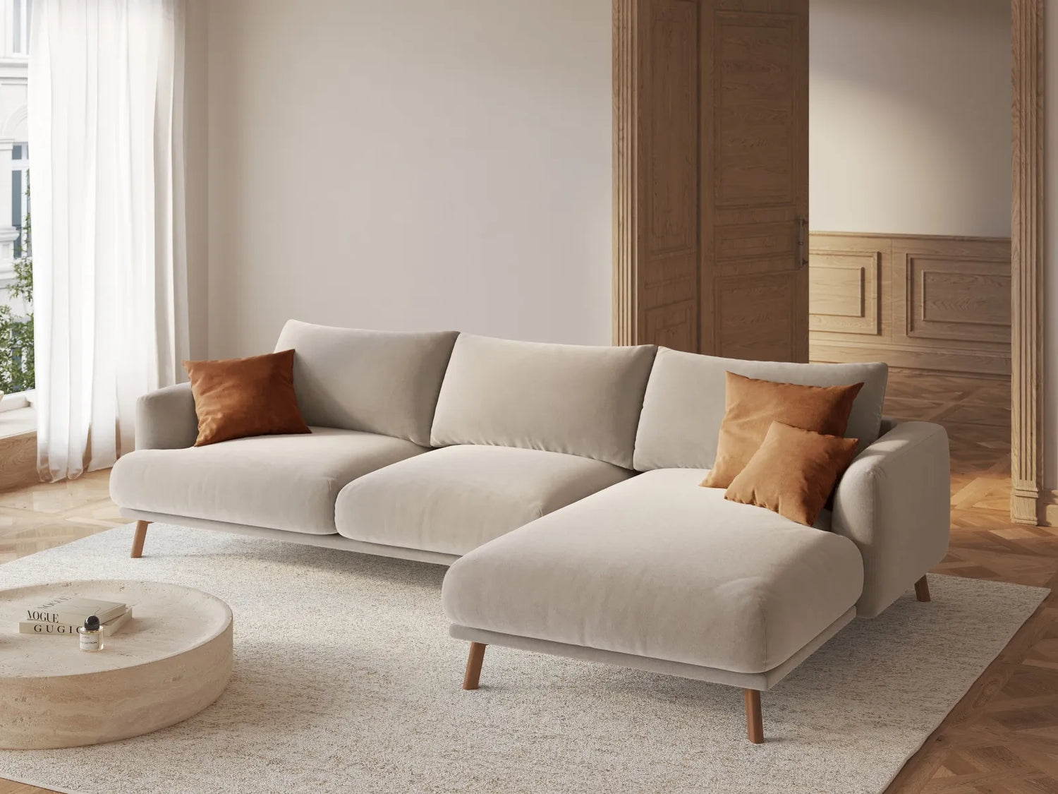 Naomi 4-Sitzer Ecksofa, Rechte Seite, aus Samt in Beige (Salvador 1), 285x170 cm von Micadoni – Bild 2