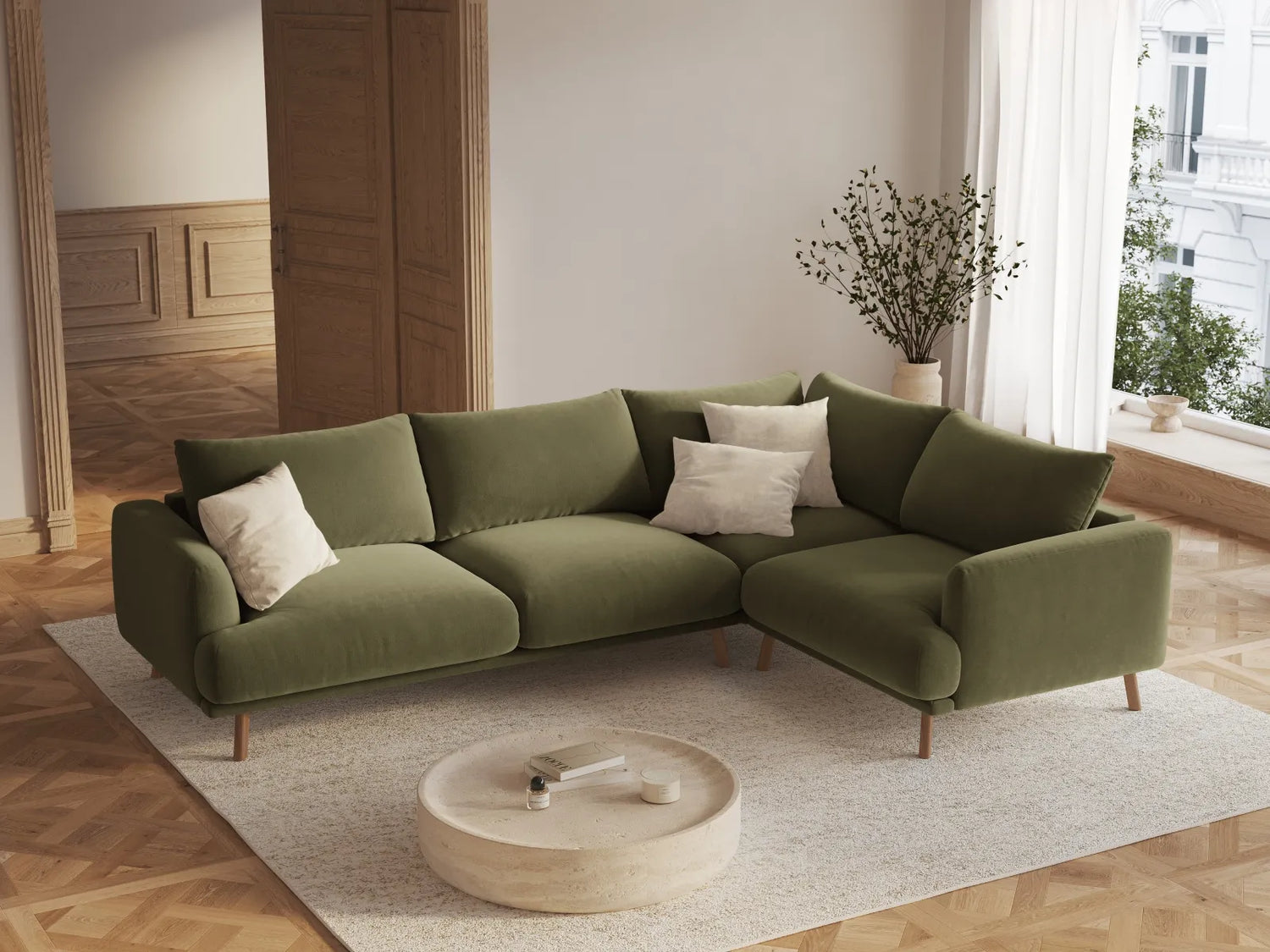 Naomi 4-Sitzer Ecksofa, Rechte Seite, aus Samt in Grün (Salvador 8), 280x195 cm von Micadoni – Bild 2